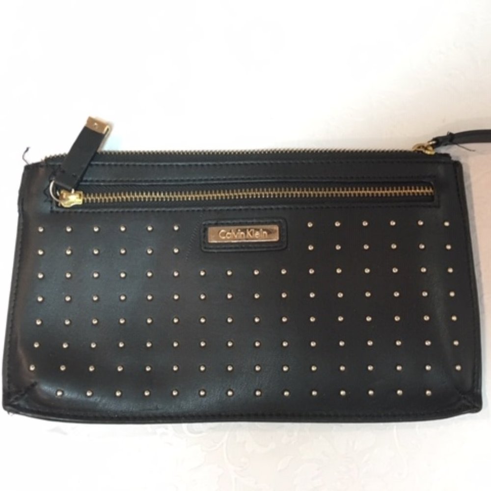 Calvin Klein Black Studded Leather Zip Pouch Wallet Purse 10" x 6"
